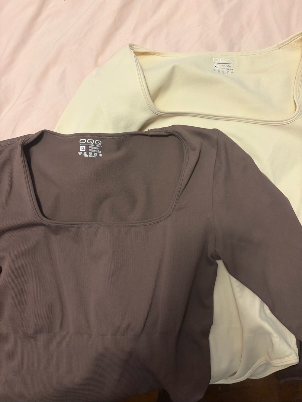 Square Neck Long Sleeve Bodysuits in Brown and Cream